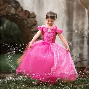 Vibrant Pink Theater Dress with Glittery Accents and Puff Sleeves